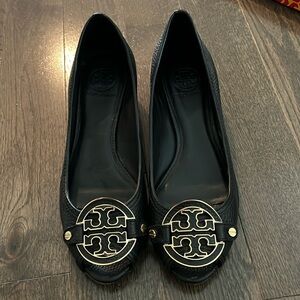 Tory Burch black peep toe wedges